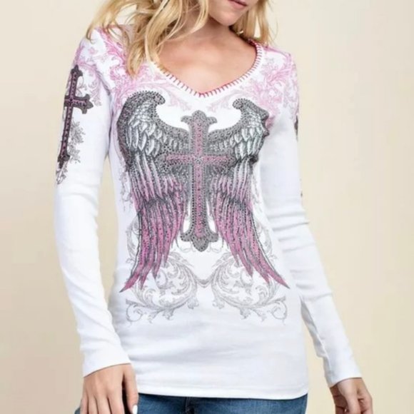 NWT VOCAL white L/S EMBELLISHED RIB THERMAL CROSS shirt embellished biker  SM-XL - Picture 4 of 6